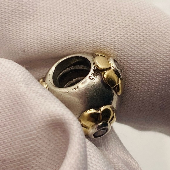 EUC Pandora Q790207CZ Sterling Silver & 14k Gold Raised Flower w/ Clear CZ Charm - Picture 10 of 11
